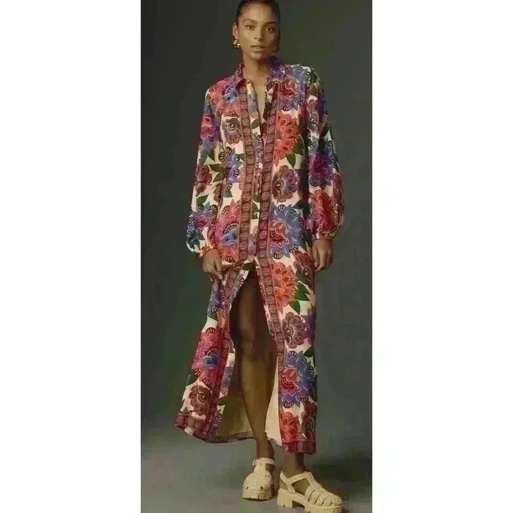 New Anthropologie by Farm Rio Long-Sleeve Button-Front Midi Dress XS NWT $228